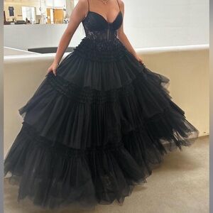 Black Tiered Tulle Maxi Prom Dress - Women's